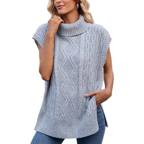Image of Blostirno Women's Turtleneck Sweater Vest Sleeveless Ribbed Solid Knitted Pullover Sweaters Tops