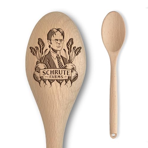 The US Office Dwight Schrute Inspired Wooden Spoon Schrute Farms Inscription Funny Cooking Baking Gift for Men & Women - Unofficial Fan Item (Schrute Farms)
