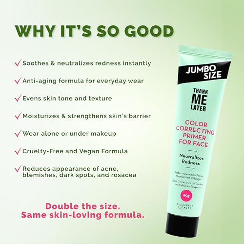 Image of Elizabeth Mott Thank Me Later Color Correcting Face Primer, 60g | Neutralizes Redness, Evens Skin Tone, Makeup Primer, Long-Wearing Makeup, Jumbo 2X Size, Cruelty-Free