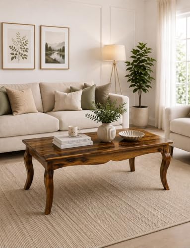Image of AASALIYA Solid Sheesham Wood Coffee Table for Living Room | Wooden Centre Table with Classic Curved Legs | Handmade Tea Table for Home, Office & Lounge | Honey Finish