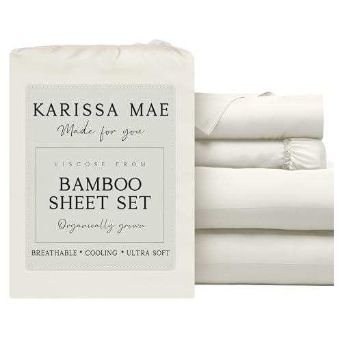 Image of KARISSA MAE Bamboo Viscose 34 inch Split Top King Size Sheet Set, FSC Certified | Single 34 inch Split Fitted Sheet | Sleep Number & Adjustable Bed | Cooling | 18 inch Deep Pocket w / Corner Straps [Ivory]