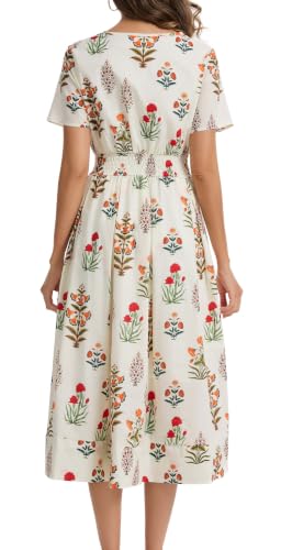 Image of Kormei Women Casual Boho V Neck 3 /4 Sleeve Smocked Waist A Line Flowy Swing Midi Dress Smocked Long Dress