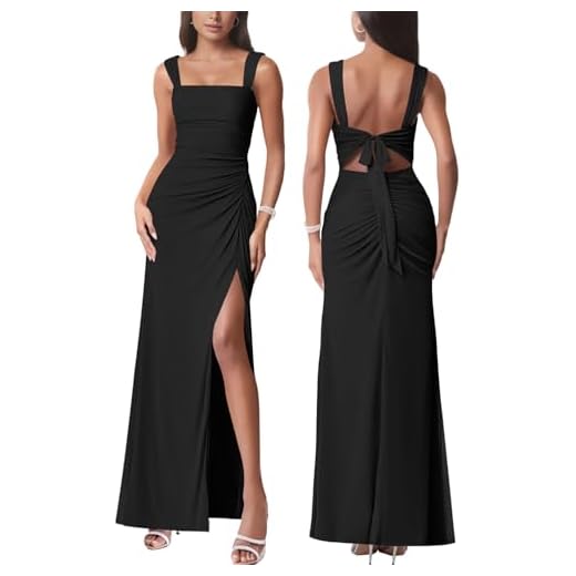 Vestido longo feminino sexy de malha amarrado nas costas sem mangas com fenda franzida, vestido longo de festa, coquetel, vestido de convidada de casamento, Preto, M