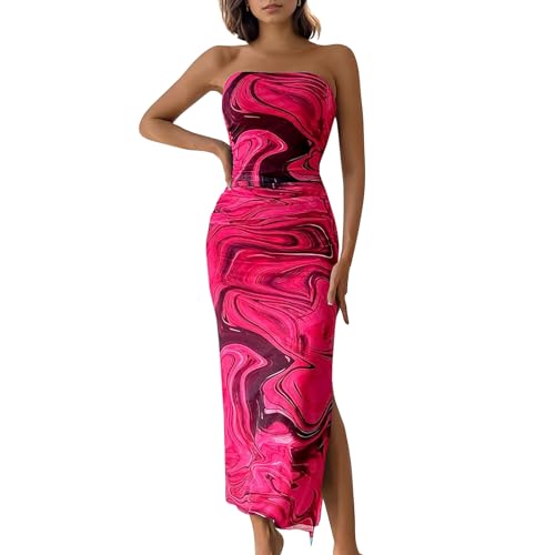 Image of Women's Tube Top Maxi Dresses Printed Tie Dye Strapless Bodycon Long Dress Split Side Sleeveless Party Elegant Outfits