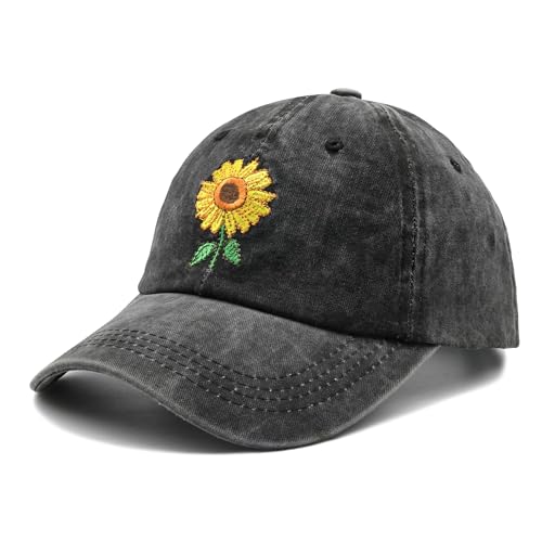 Hatwell Casquette Baseball Femme Vintage Lavée Réglable - Broderie Tournesol - Respirante et Protection UV - pour Running et Sport Extérieur