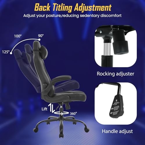 Ergonomic PC Gaming Chair with Lumbar Support and Flip-Up Arms - High Back Executive Office Chair for Adults, Black