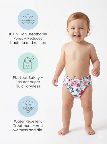 Image of Reusable Cloth Diaper for Babies | Washable Baby Cloth Diaper with Absorbent Insert | Leak Proof Adjustable Free Size Pocket Diaper 3M -3Years | Eco Friendly Reusable Baby Diaper (2, ORANGE FLORAL, One Size)