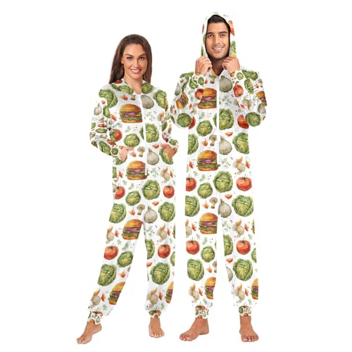 Pijama para mujer con capucha, ropa de dormir de una sola pieza, color blanco y verde, Vegetal y Hamburges White, XXXL
