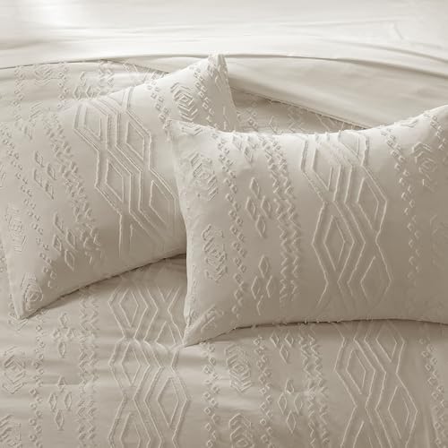Image of AMBERSPACE Oversized Queen Size Comforter Set Beige, Tufted Farmhouse Bedding Boho Bed Set, All Season 7 Pieces Bed in a Bag with Sheets, Pillowcases & Shams