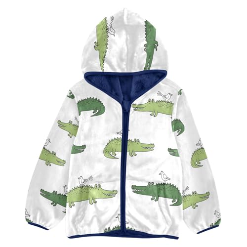 Crocodile Bird Pattern Print Toddler Fleece Jacket Girl Boys Hooded Fleece Jacket Coat Warm Outwear Zip-up 3-10T