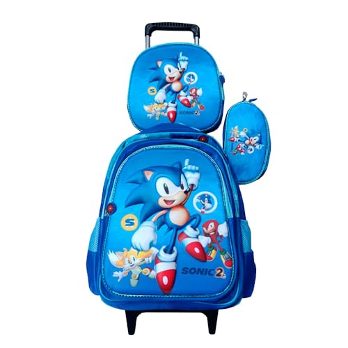 Kit Mochila do Sonic 3 com Rodinhas Escolar Infantil + Lancheira Térmica + Estojo