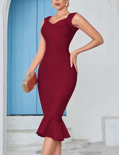 Image of Shoulder Strap Sleeveless Fishtail Midi Bandage Dress for Women Bodycon Club Party Evening Dresses