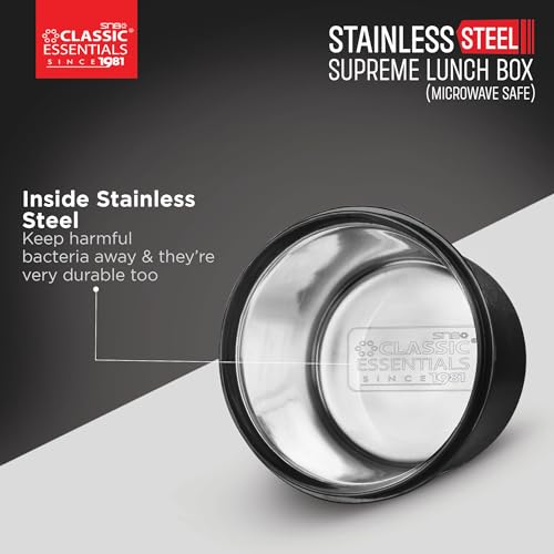Image of CLASSIC ESSENTIALS Supreme All in One Lunch Box with Insulated Bag | Microwave Safe Containers with Steel Inner | Leak Resistant (Without Bottle, Black, 3 Containers)