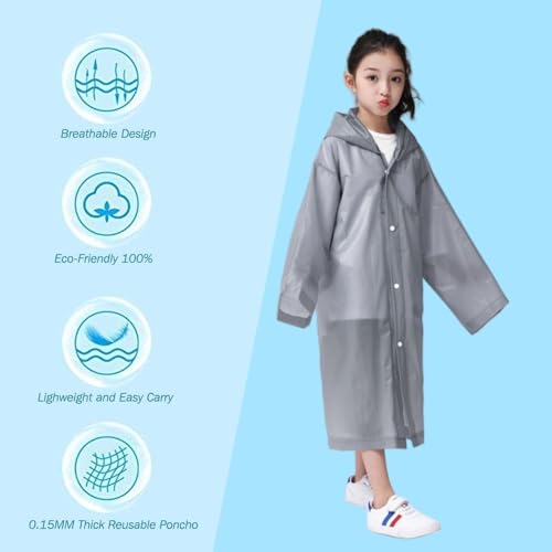 Image of Rain Poncho for Kids Boys Girls - 2 Pack Reusable Waterproof Rain Coat Jacket for Teen Disney, Clear Pink Yellow Blue Purple