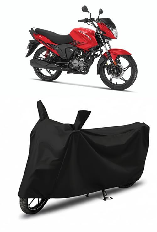 Image of DRAKOWISH Waterproof Bike Cover for Hero Glamour | All Weather Protection from Rain, Dust, Heat & Scratches with Mirror Pockets & Buckle Belt | Glamour Bike Cover | Black