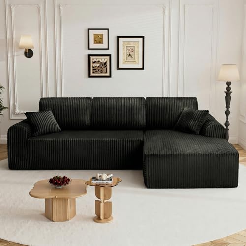 Image of 110 inch L Shaped Boneless Sectional Couches for Living Room, Comfy Corduroy Floor Cloud Sofa with Chaise, Wide Armrest, Deep Seat, Memory Foam, Assembly Free, Ideal for Small Spaces, Black