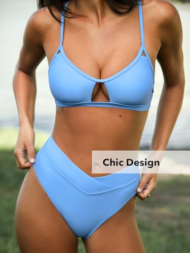 Image of CUPSHE Bikini Set for Women Bathing Suit High Waisted V Cut Bottom | Two Piece Swimsuit,Scoop Neck,Soft Removable Cups,Adjustable Straps,Cutout,Chic,Swimwear for Vacation,Beach,Pool