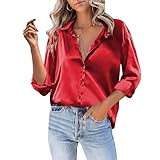 Baxtayel Women Satin Silk Button Down Shirt Casual Long Sleeve V Neck Blouse Loose Dressy Business Work Office Tunic Tops Z-red