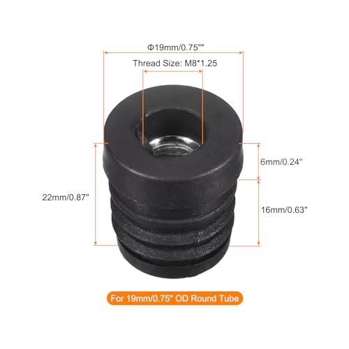 Image of uxcell 4Pcs Plastic Threaded Tube Inserts with M8 Thread, for 19mm /0.75 inch OD Round Tube, Adjustable Round Black Plastic Plug Caster Insert Chair End Caps Furniture Leg Plug