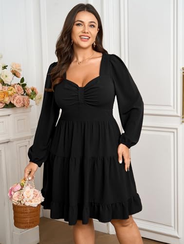 SCOMCHIC Women's Plus Size Dresses Cocktail Long Sleeve Sweetheart Neckline A Line Boho Cute Flowy Fall Mini Short Dress2