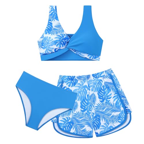 Weixinbuy Girl's 3 Piece Swimsuit Teen Swimwear Tropical Print Twist Cross Bikini Bathing Suit with Cover Up Shorts Size 9-10 Royal Blue