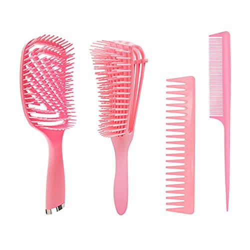 4Pcs Hair Brush Set, Brush and Comb Set for Men and Women, Detangler Brush Great On Wet Dry Long Thick Thin Curly Natural Hair (Pink)