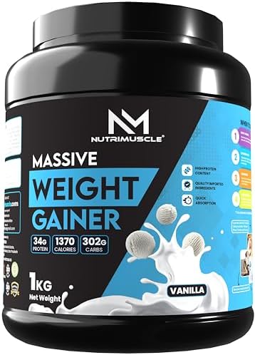 Nutrimuscle® Massive Weight Gainer 1Kg | Vanilla Flavour High-Calorie Mass Gainer | Complex Carbohydrates + Protein with Imported Ingredients | Weight & Muscle Gain Supplement for Men & Women