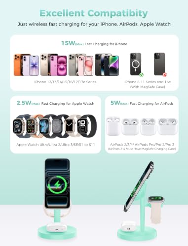 Image of Aeinidi 2026 3 in 1 Wireless Charging Station Compatible with MagSafe, 15W Fast Magnetic Mag-Safe Charger Stand for Apple iPhone 17 16 15 14 13 12 iWatch AirPods Pro 4 3 2, LightGreen