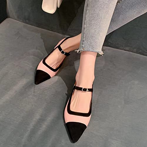 Women’s Mary Jane Flats Shoes Two Tone Splicing Suede Pointed Toe Pumps Buckle Ballet Flat3