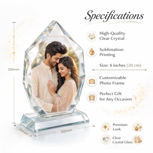 Image of Rangoli Personalized Crystal Photo Frame 21 x 12 cm (210 x 120 mm) Diamond Cut Glass Picture Frame Custom Photo Gift Premium Table Decor. D-10