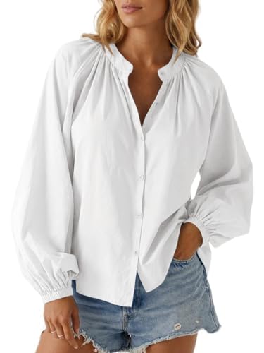 Cicy Bell Damen Rundhals Button Down Bluse Puffärmel Blusenhemd Einfarbig Langarmshirt Loose Fit Oberteile Lässige Tunika Weiß XXL