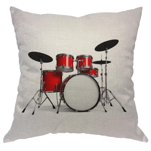 Moslion Music Pillows Rock N Roll Jazz Musical Instrument Drum Set for Show Concert Party Throw Pillow Cover Decorative Square Accent Cotton Linen Home Cushion Pillow Case 18X18 Inch Red Silver White