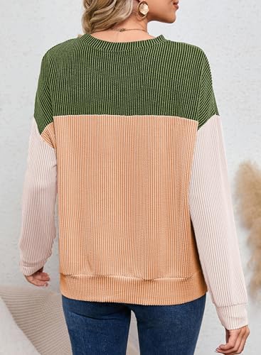 Image of Dokotoo Womens Tops Fashion 2026 Color Block Long Sleeve Shirts for Women Crewneck Knitted Casual Loose Blouses