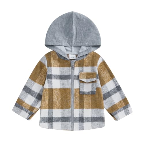 Douhoow Toddler Boys Jackets Baby Flannel Hoodies Boy Girl Zip Up Plaid Hooded Shirts Baby Fall Winter Festival Outfits (Brown, 6-12 Months)