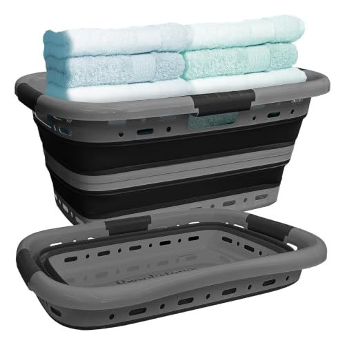 Image of Brookstone 11 Gal Collapsible Laundry Basket With 3 Handles, Hip Hugger Design, Non-Slip Comfort Grip, Lightweight BPA-Free Space Saving Pop-Up Hamper, 24 In, Portable and Sturdy, Dark Gray