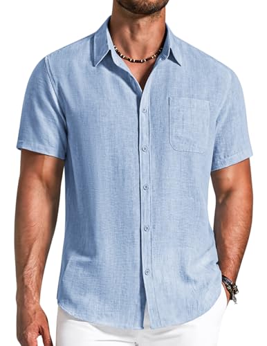 COOFANDY Camisa para Hombre de Manga Corta Clásica Cómoda Camisa de Verano Casual Ocio Playa con Bolsillo en el Pecho Azul Claro XL