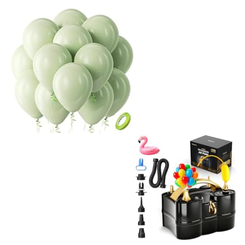 Image of Bezente Sage Green Balloons Latex Party Balloons - 100 Pack 12 inch Round Helium Dusty Boho Green Balloons and Electric Balloon Pump Multiple
