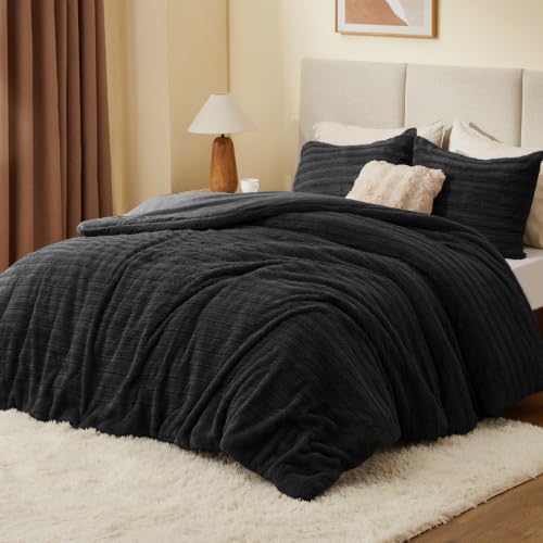Image of BEDELITE Faux Fur Queen Comforter Set, Fluffy Bed Set, Black | Super Soft & Warm, Luxury Fuzzy Cozy Comforter for Winter, Heavy Plush Bed set, with 2 Pillowcases