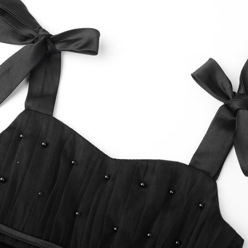 Uhnice Flower Girls Pearl Dress Toddler Tulle Dresses with Bow Shoulder Straps for Wedding Party3