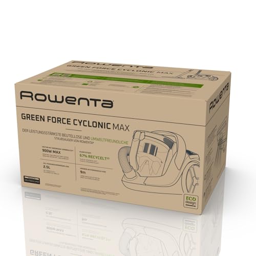 Rowenta Green Force Cyclonic Max Bodenstaubsauger ohne Beutel, 900 Watt Motor, 73 Dezibel, 2,5 Liter Fassungsvermögen, 9 m Reinigungsradius, Öko-Design, Schwarz-Grün, RO7B12
