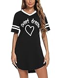 Litherday Nachthemd Damen Nachtwäsche Baumwolle Loungewear Nachtkleid Kurz Negligee Streifen Kurze Ärmel Sleepshirt Kurzarm V-Ausschnitt Sleepwear Bequeme Freizeitkleid, Schwarz, S