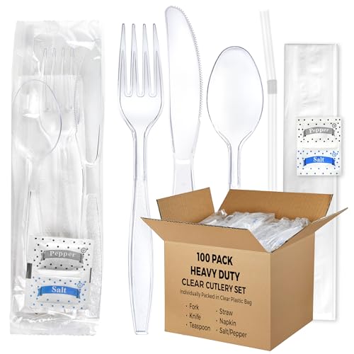 KitchenDine 100 pack | Clear Heavy Duty Plastic Disposable Cutlery Set | 6 in 1 Utensil Set with Fork Spoon Knife Napkin Straw Salt/Pepper Packets