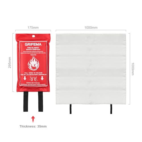 GRIFEMA GA3001 Küchenfeuerdecke 1 m x 1 m Glasfaser-Feuerlöschdecke EN1869:2019 Brandschutzdecke Geeignet für den Einsatz in Haushalten, Fahrzeugen, Büros, bei Grillpartys im Freien, Kaminen