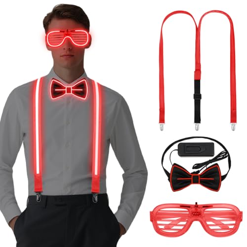 Alaoo Lot de 3 bretelles et nœud papillon lumineux à LED pour homme, Lunettes LED pour Fête Glowing Set pour Fête de Noël Anniversaire Carnaval Rave...