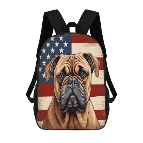 Bulldog Dog American Flag Backpack Simple Leisure Travel Backpack Outgoing Daypack 17 Inch