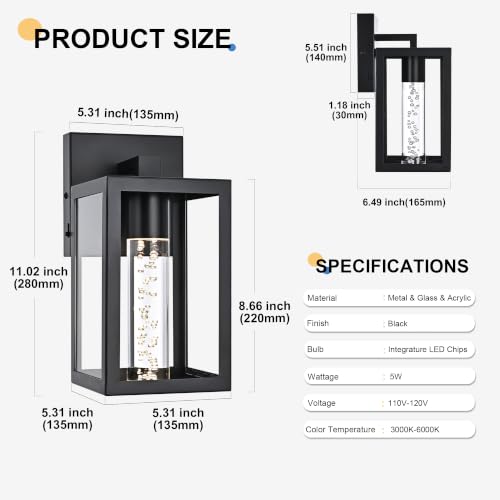 Image of TODOLUZ 2-Pack LED Outdoor Wall Sconce with Dimmable 5CCT (3000K /3500K /4500K /5000K /6000K), 1-Light Black Waterproof Porch Wall Light Fixture for Front Door Patio Garage