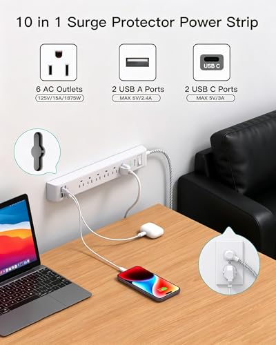 Image of 2 Pack Power Strip 15FT, Surge Protector with 6 Outlets and 4 USB Ports (2 USB C), Flat Plug Overload Protection, Extension Cord with Multiple Outlets, Wall Mount for Home Dorm College