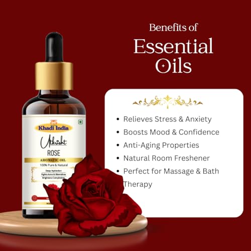 Image of Khadi Rose Aromatic Essential Oil 15 ml | Pure & Natural | For Skin & Hair Care | With Anti Aging Properties | Bath & Massage Body Oil | All Skin & Hair Types | Aromatherapy for Men & Women