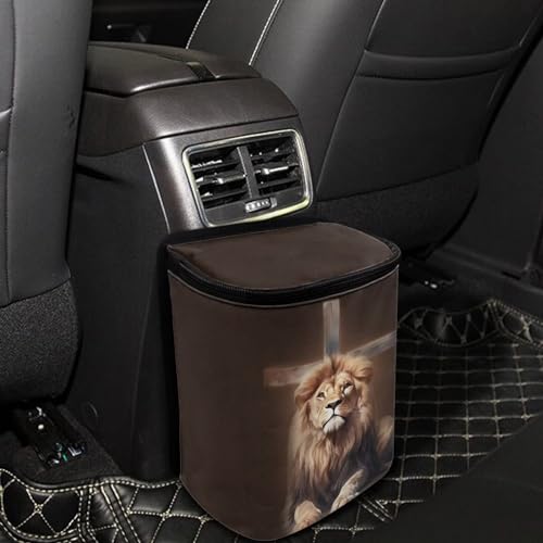 Image of Talayituse Lion Cross Print Car Trash Can with Lid, Leak Proof Auto Trash Bag Hanging Vehicle Garbage Can Multipurpose Storage Container for Back Seat Road Trip