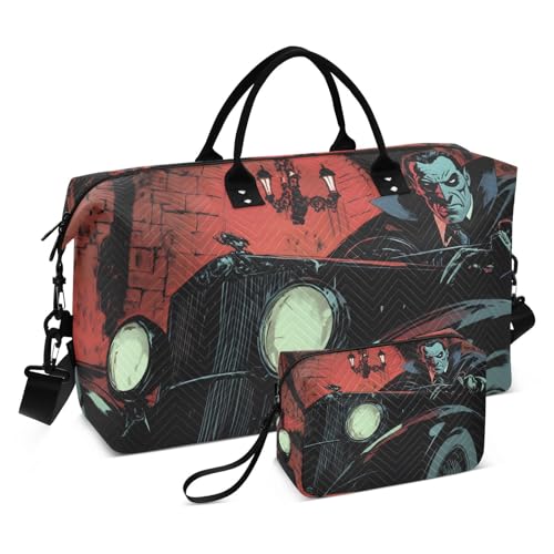 Duffel Bag Set for Travel Gym Sport, Weekender Bag Carry on Overnight Bags for Women Men-Vampire Car Halloween Print